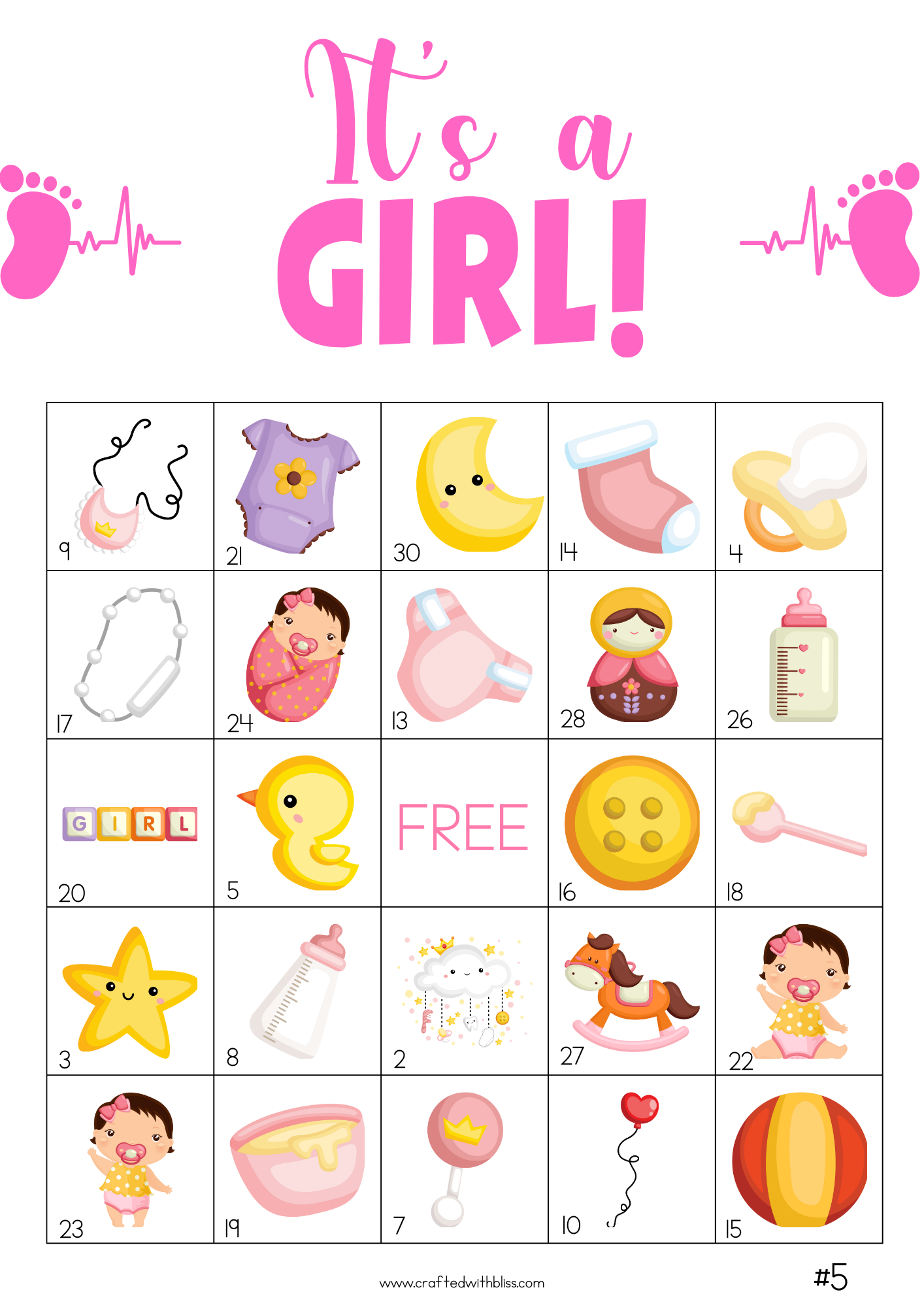 50 It's A Girl Bingo Cards (5x5)