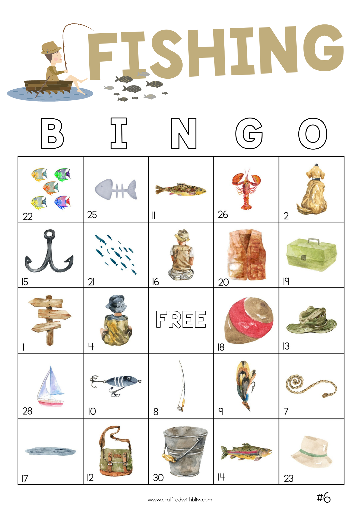 50 Fishing Bingo Cards (5x5)