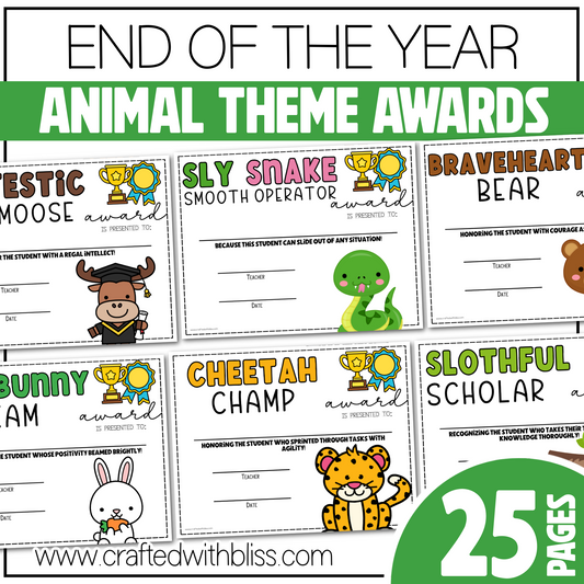 Editable End of the Year Awards Classroom Certificate Animal Theme