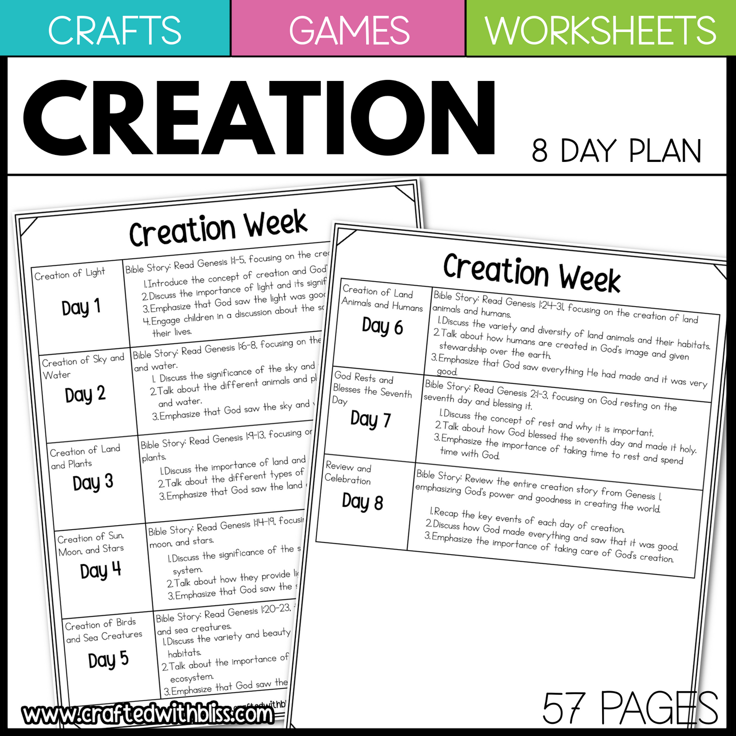 Creation Bible Story Worksheet Games Crafts Christian Sunday School Prek-1