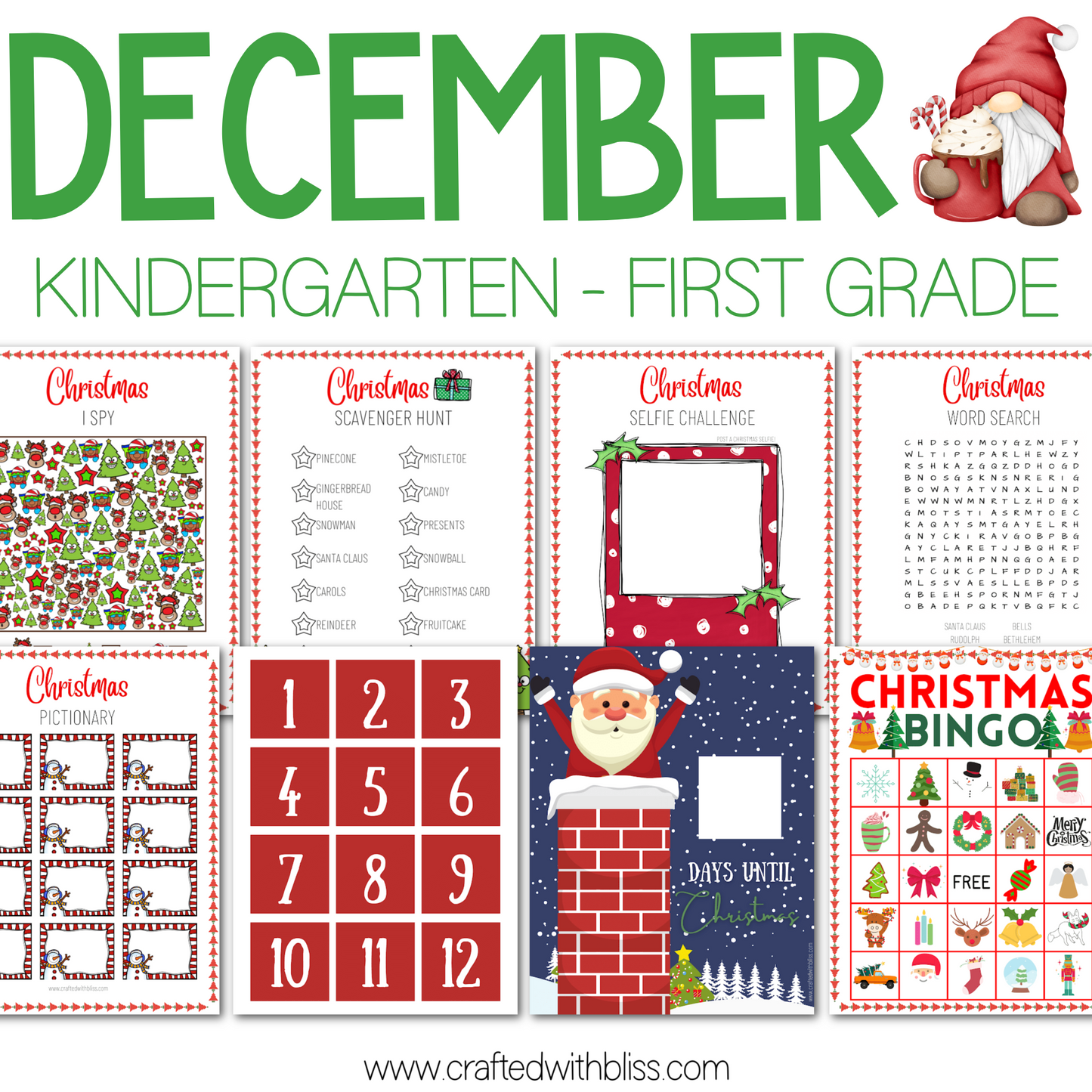 December Christmas Kindergarten - First Grade Activities Super Bundle, Christmas Party Classroom Games and Activities BINGO Cards Game Night