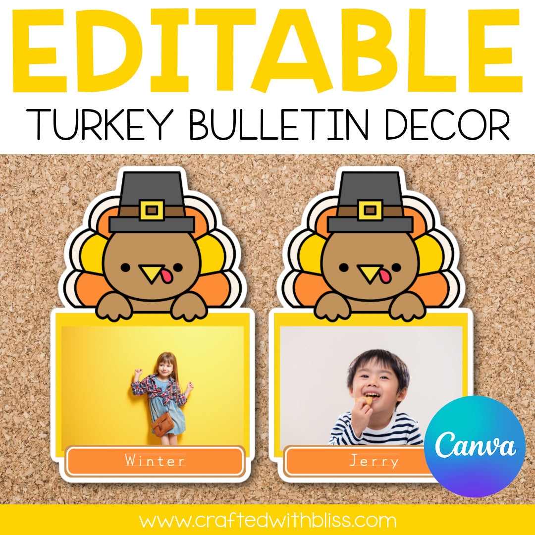 Editable Turkey with Hat Thanksgiving Bulletin Decor | Canva Template