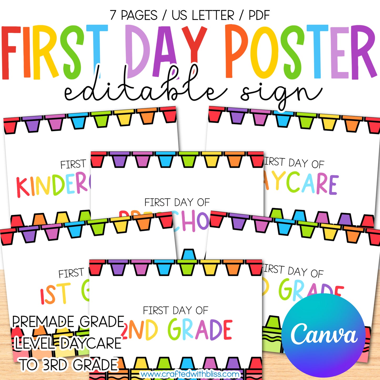 Editable First Day of School Poster Rainbow Theme | Canva Template | Rainbow