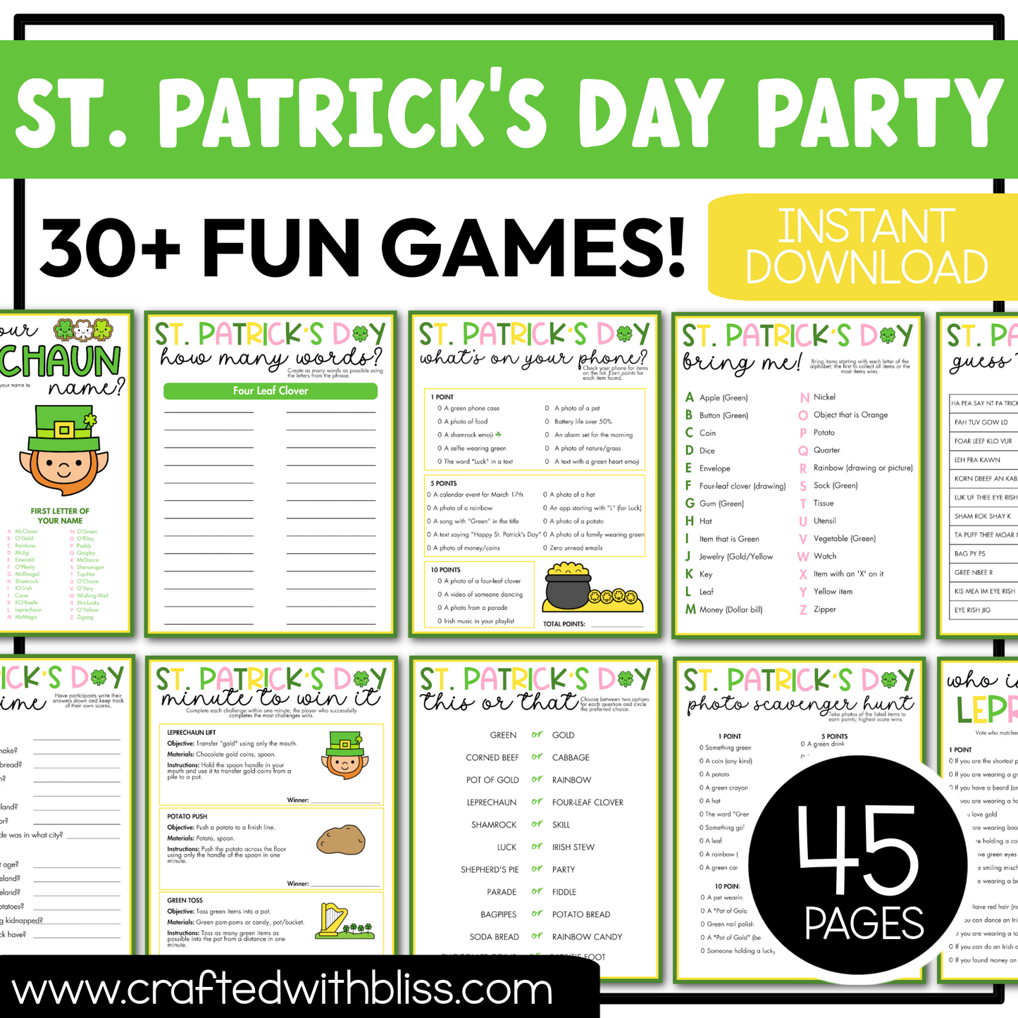 Printable St. Patrick's Day Party Games For All Bundle 30+ Games