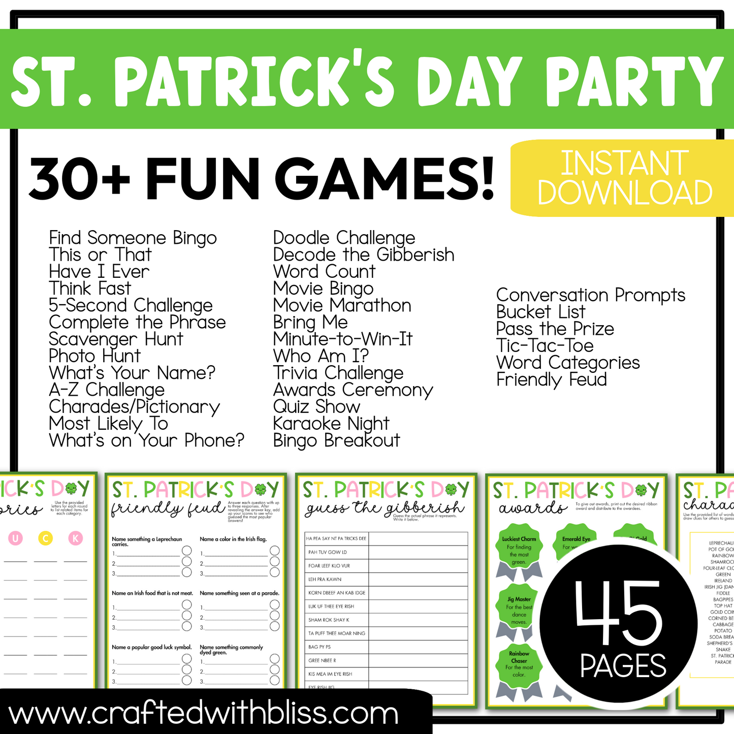 Printable St. Patrick's Day Party Games For All Bundle 30+ Games