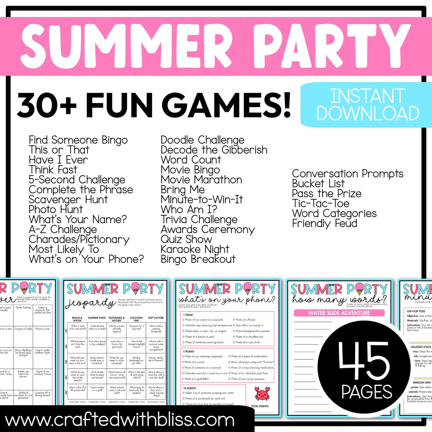 Printable Summer Party Games For All Bundle 30+ Games