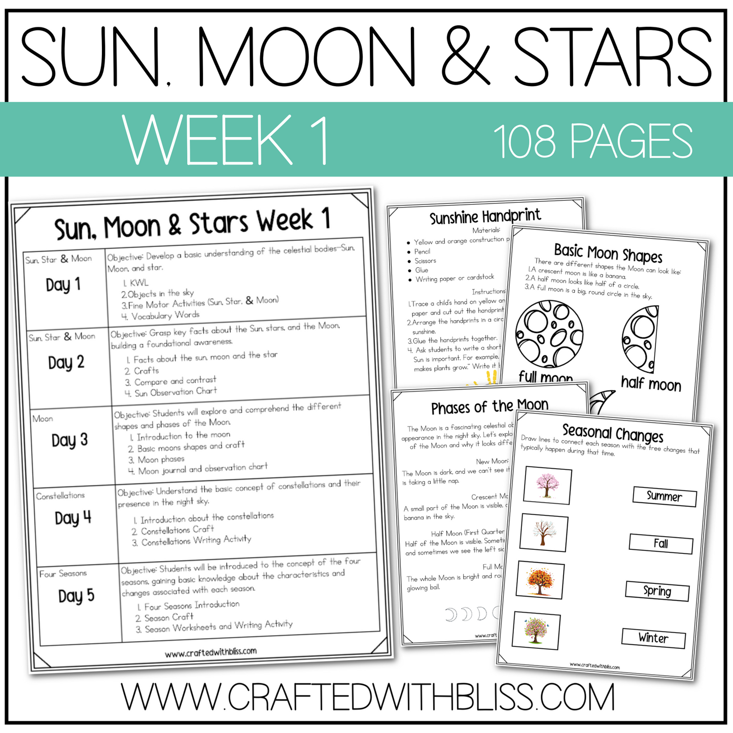 Sun, Moon & Stars Day and Night Science K-2 Worksheet Activity 2 Week Plan