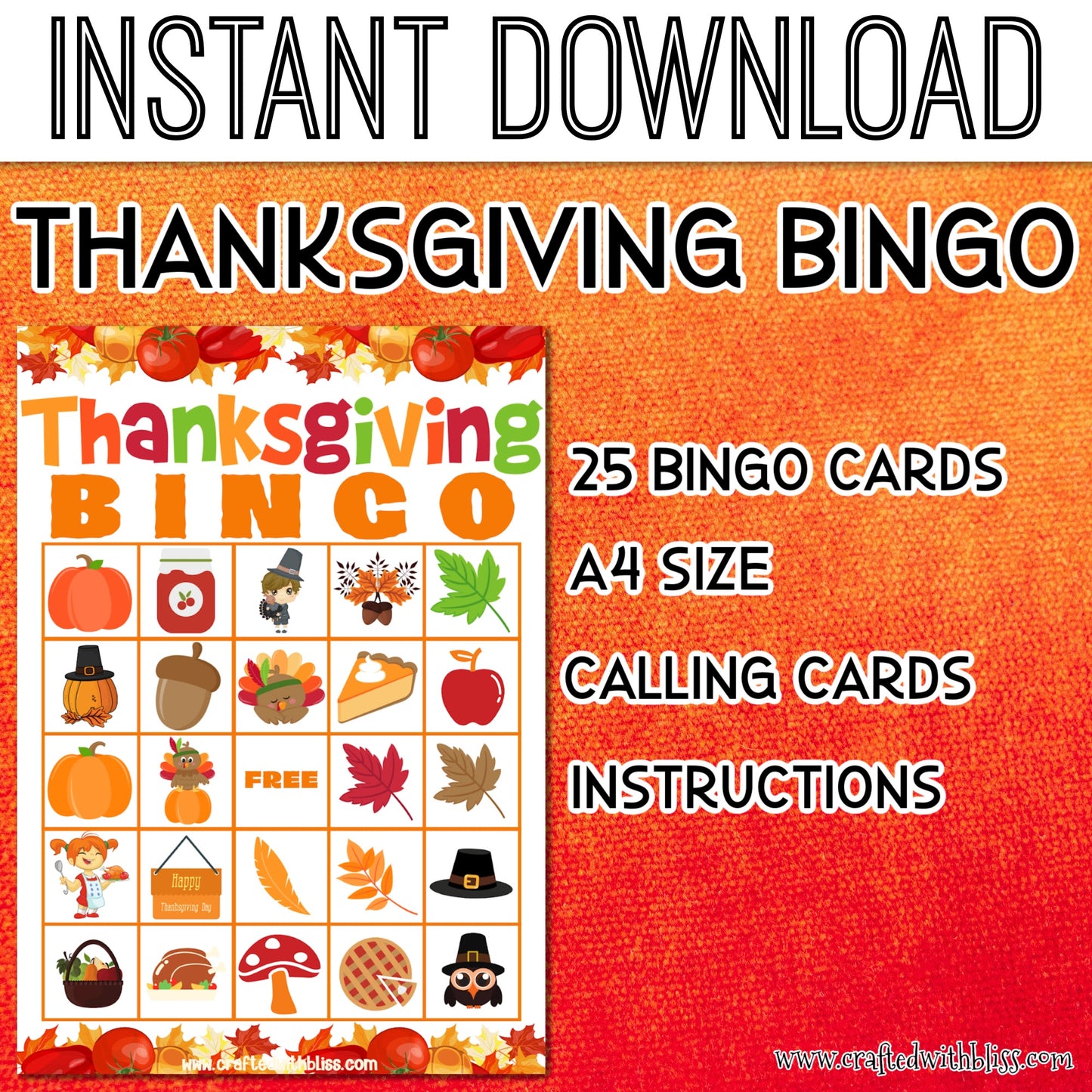 Thanksgiving BINGO For Kids - 25 Cards