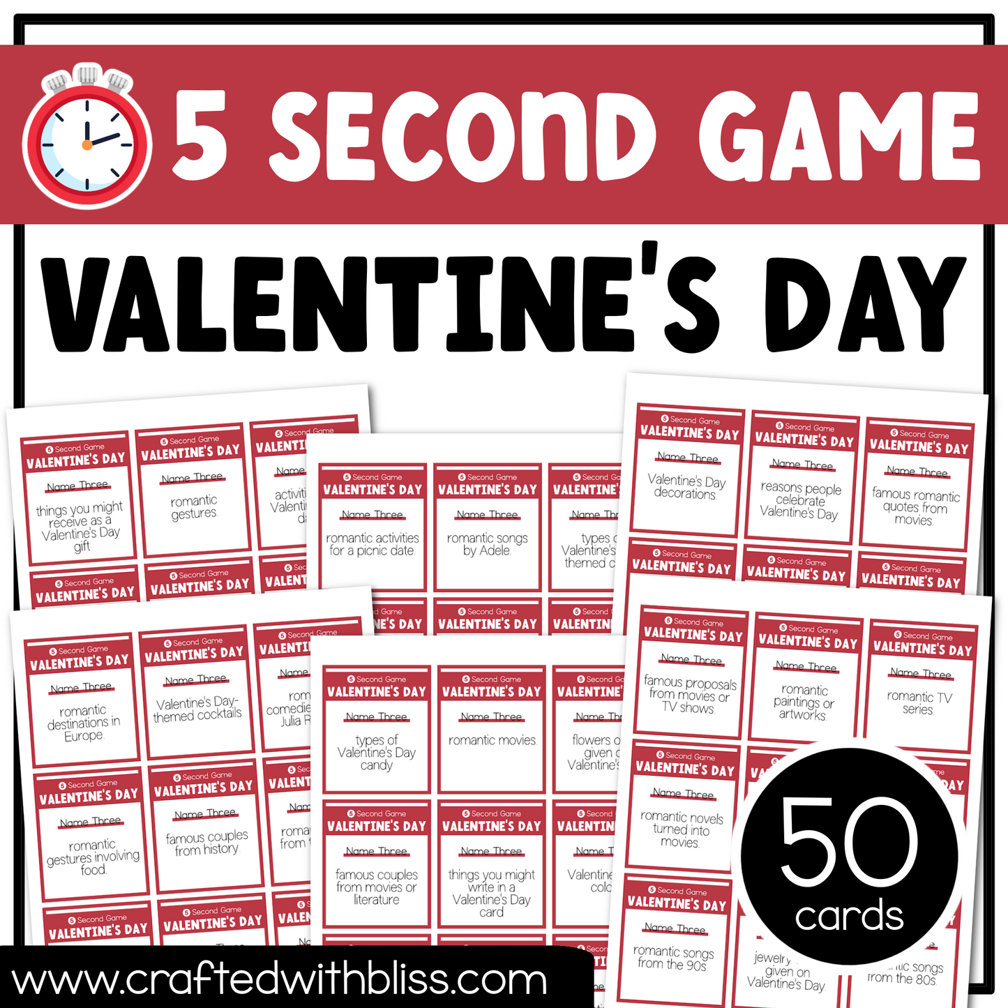 Valentine's Day Party Theme 5 Second Game 50 Cards Fun Friday Ice Breaker Brain