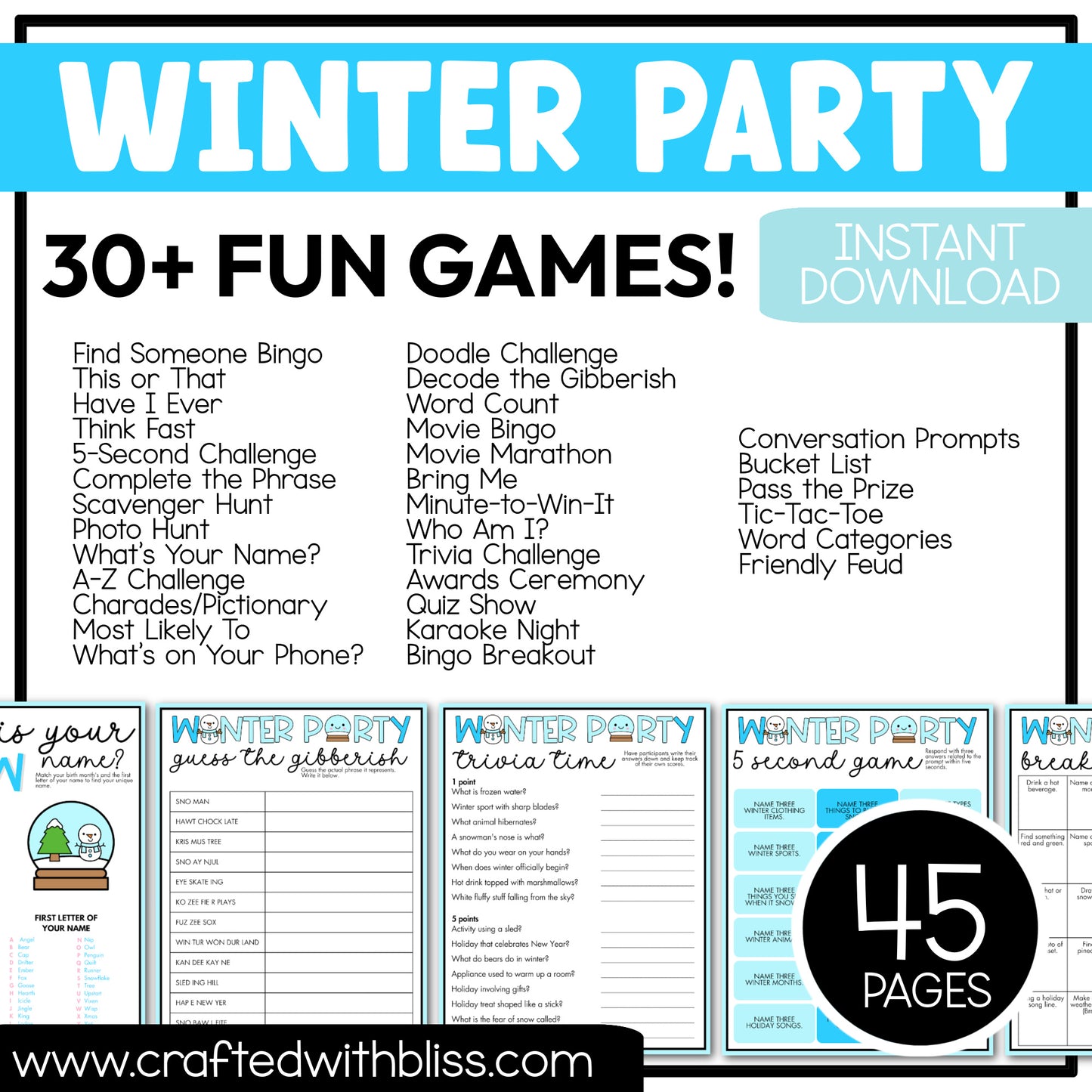 Printable Winter Party Games For All Bundle 30+ Games