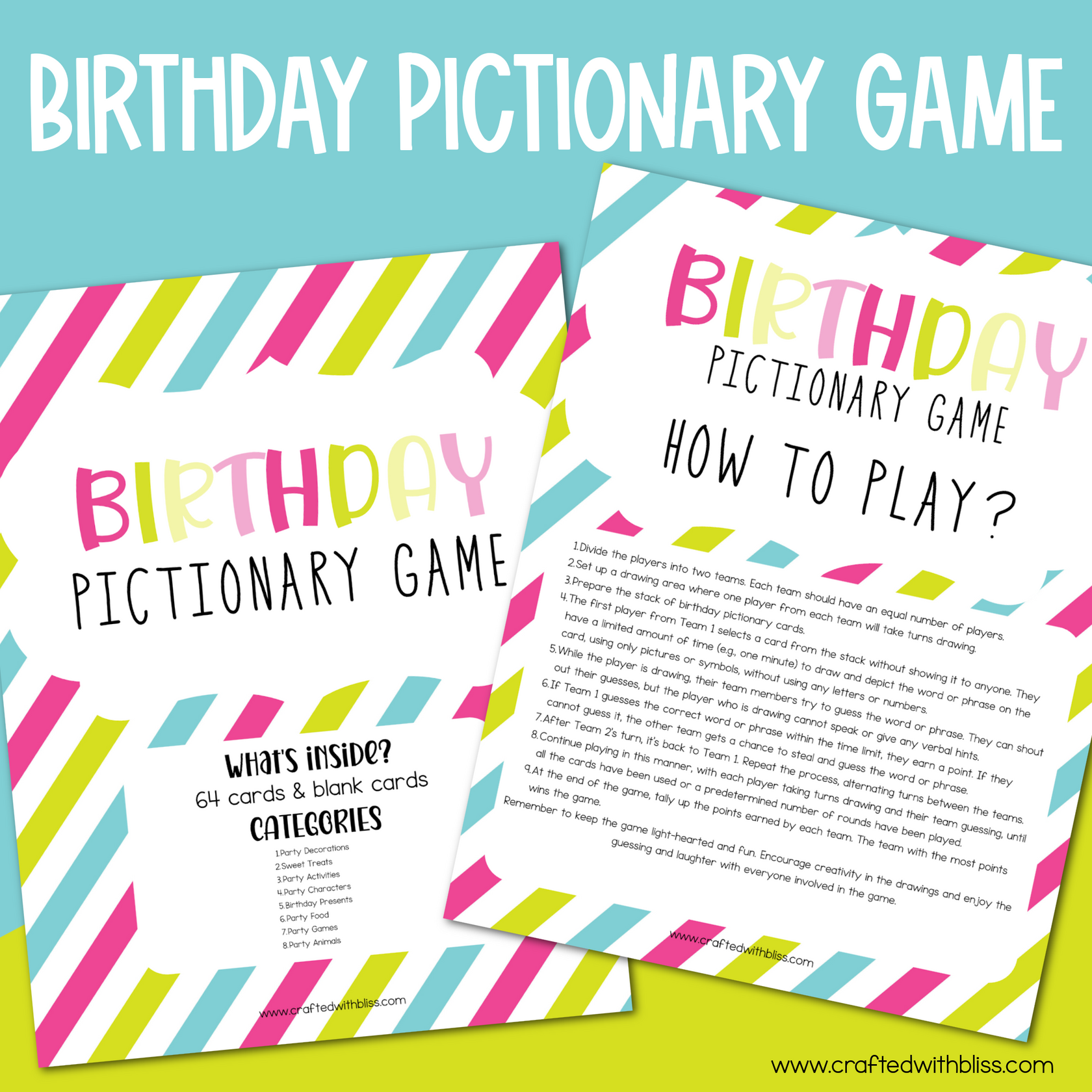 The Ultimate Birthday Pictionary Game For Kids - 64 Cards ...