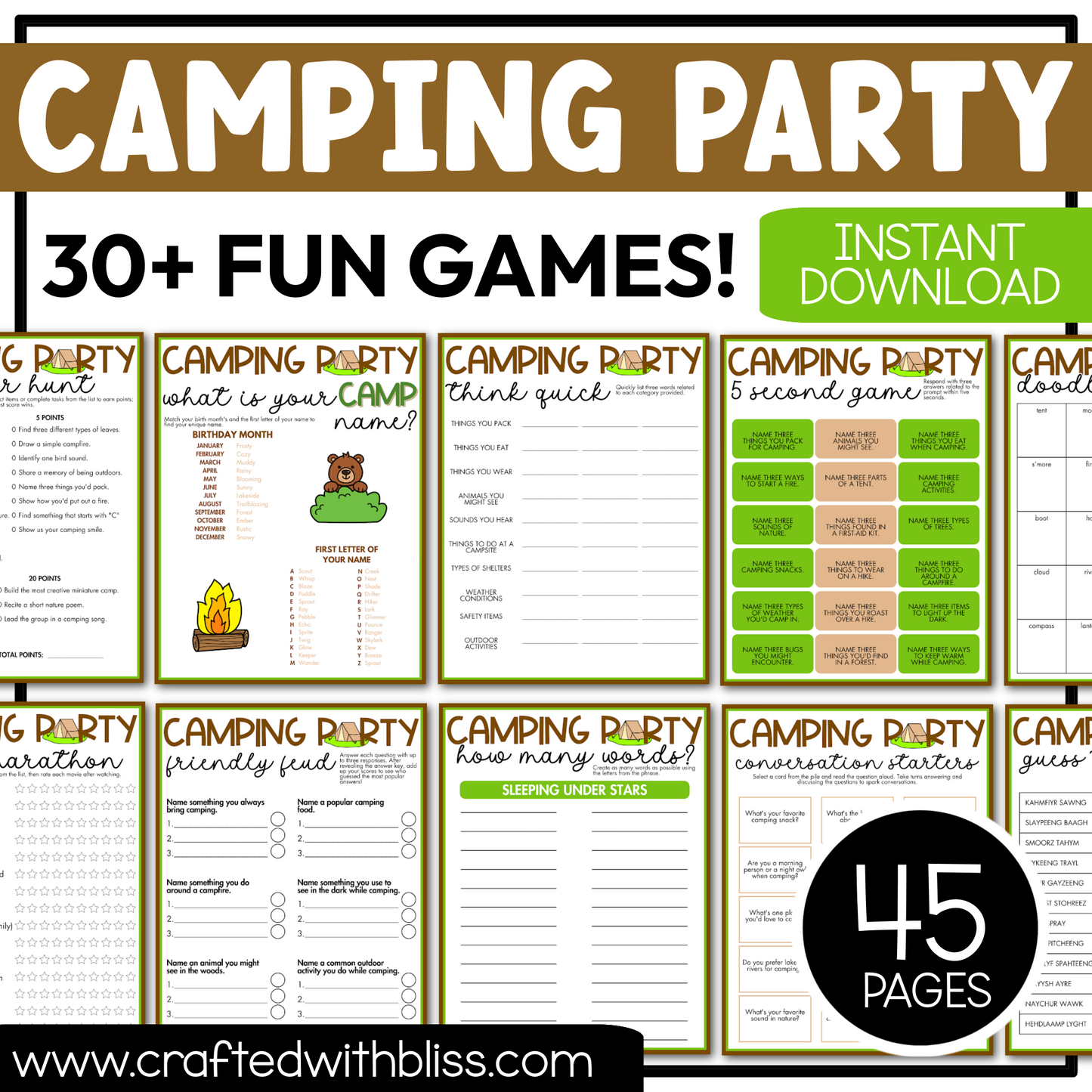Printable Camping Party Games For All Bundle 30+ Games