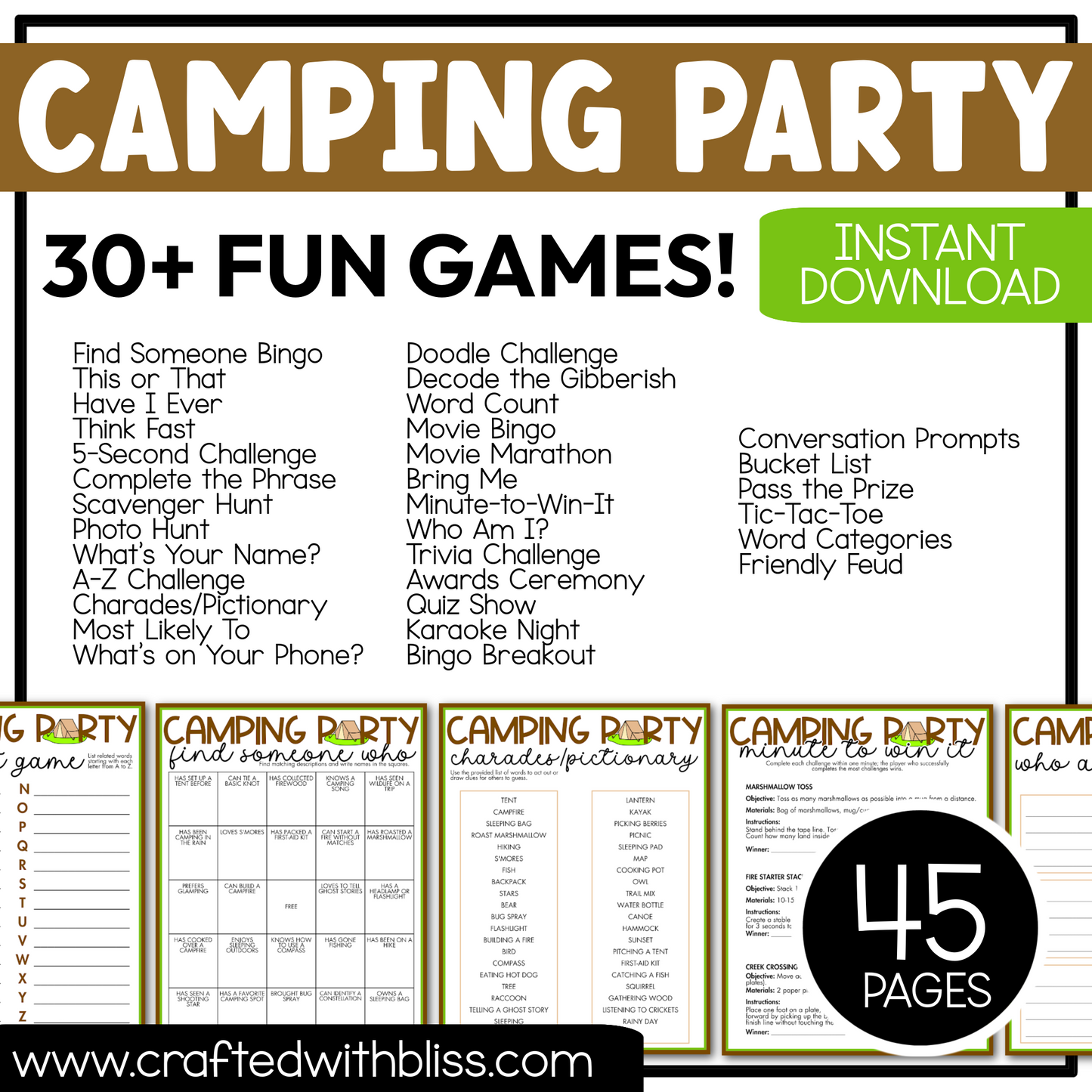 Printable Camping Party Games For All Bundle 30+ Games