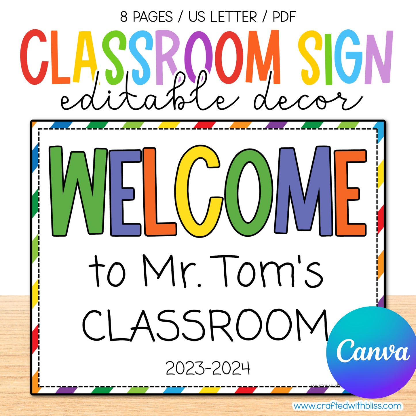 Editable Classroom Sign Rainbow Theme | Rainbow Classroom Decor | Canva Template