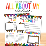 All About My Teacher Printable | Back to School | Rainbow Theme