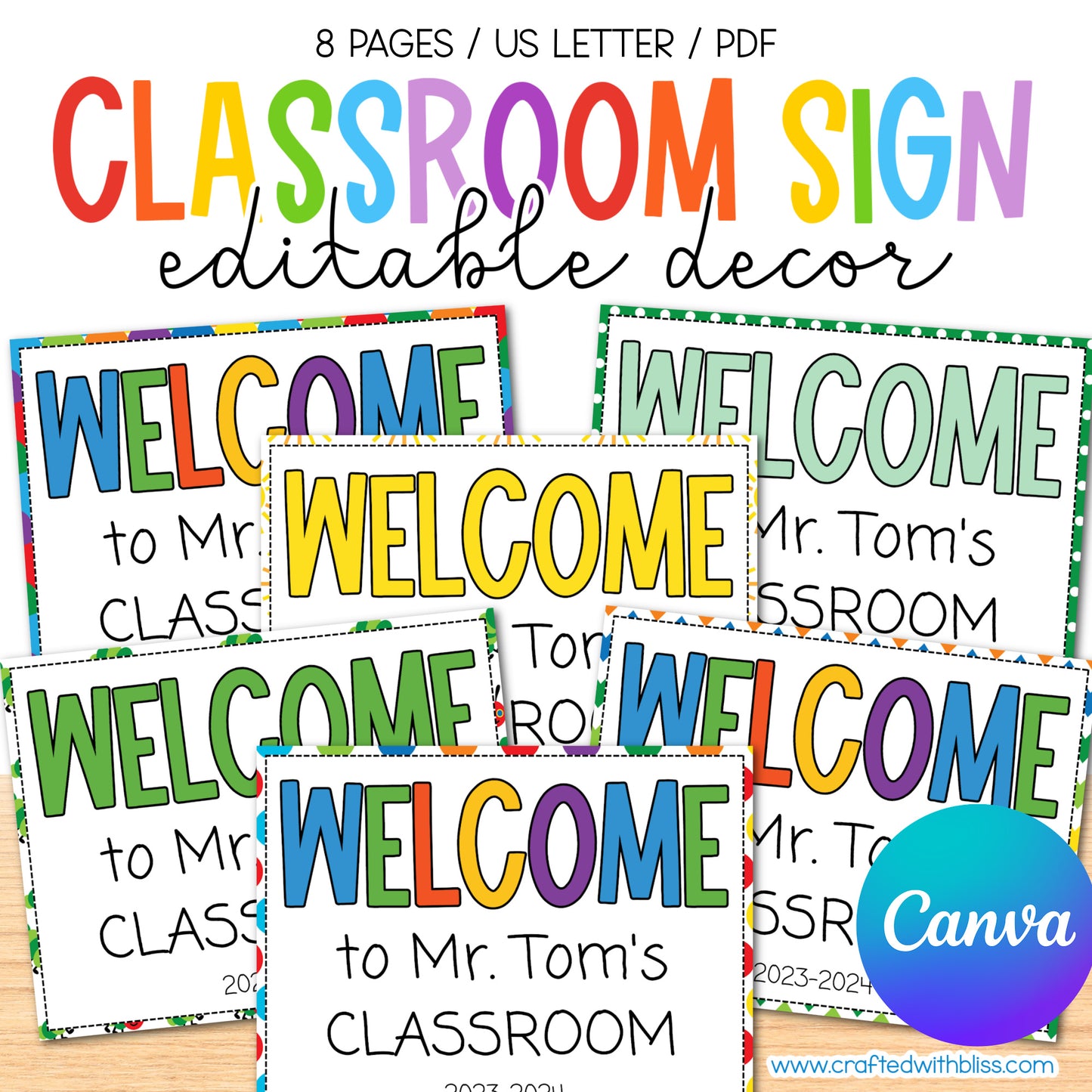 Editable Classroom Sign Rainbow Theme | Rainbow Classroom Decor | Canva Template