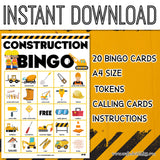 Construction Bingo For Kids - 20 Cards
