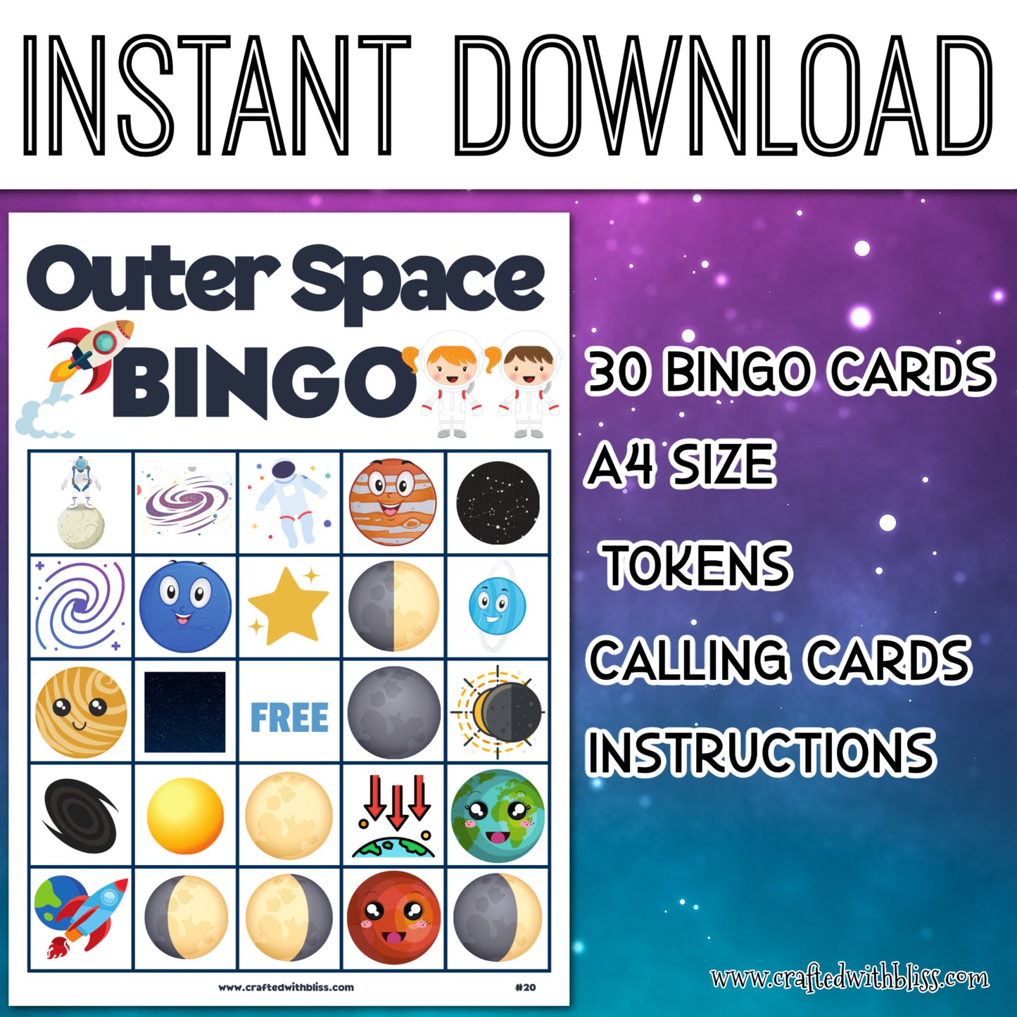 Outer Space Bingo For Kids - 30 Cards