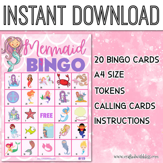 Mermaid Bingo For Kids - 20 Cards