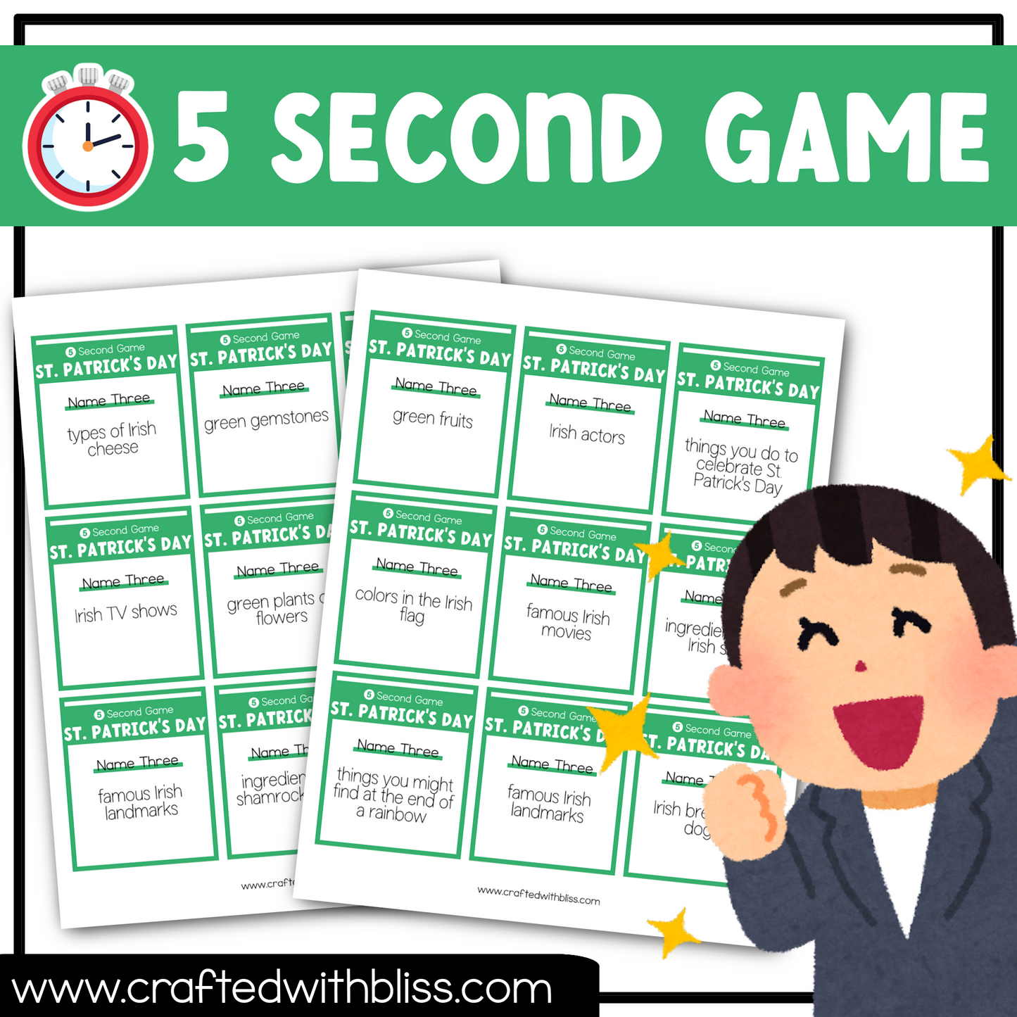 St. Patrick's Day Party Theme 5 Second Game 50 Cards Ice Breaker Brain March