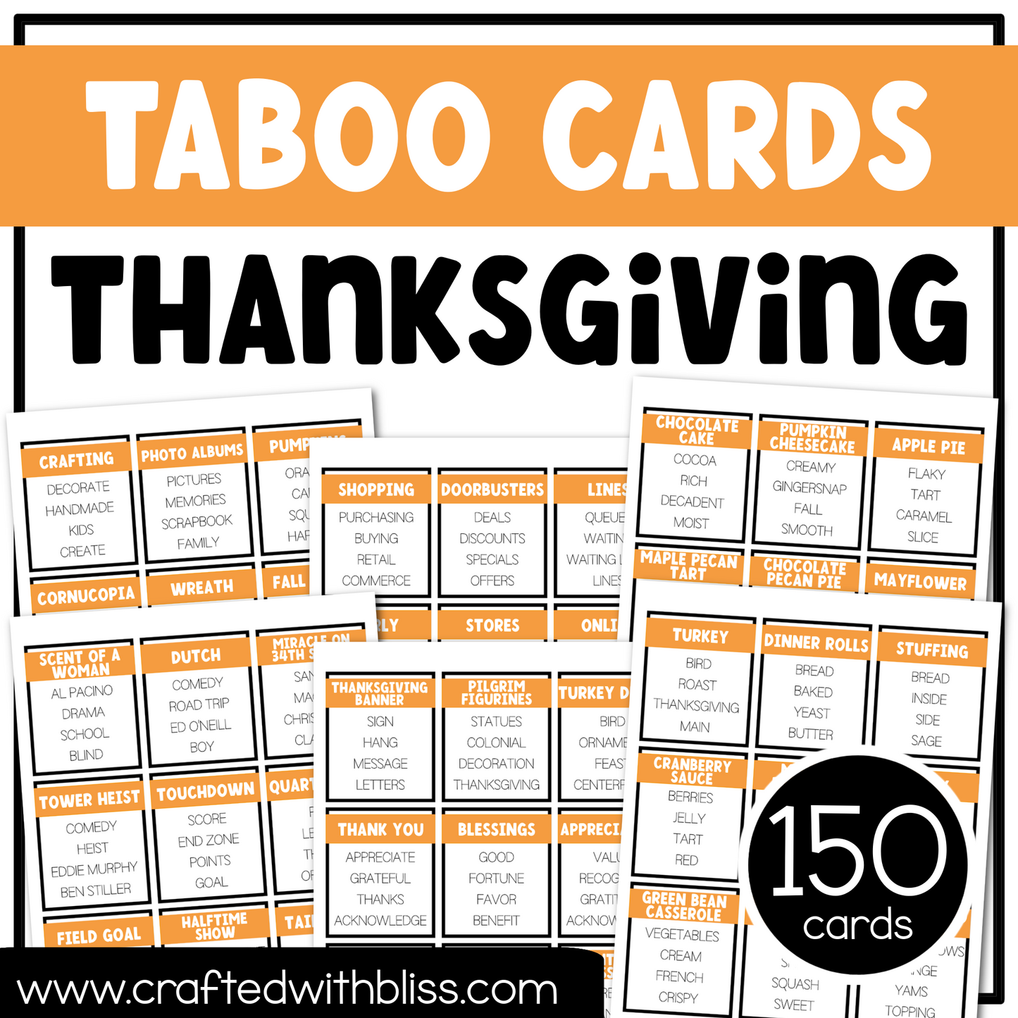 Thanksgiving Taboo Game 150 Cards Thanksgiving Party Game Night Forbidden Words Fun Friday Ice Breaker Brain Break