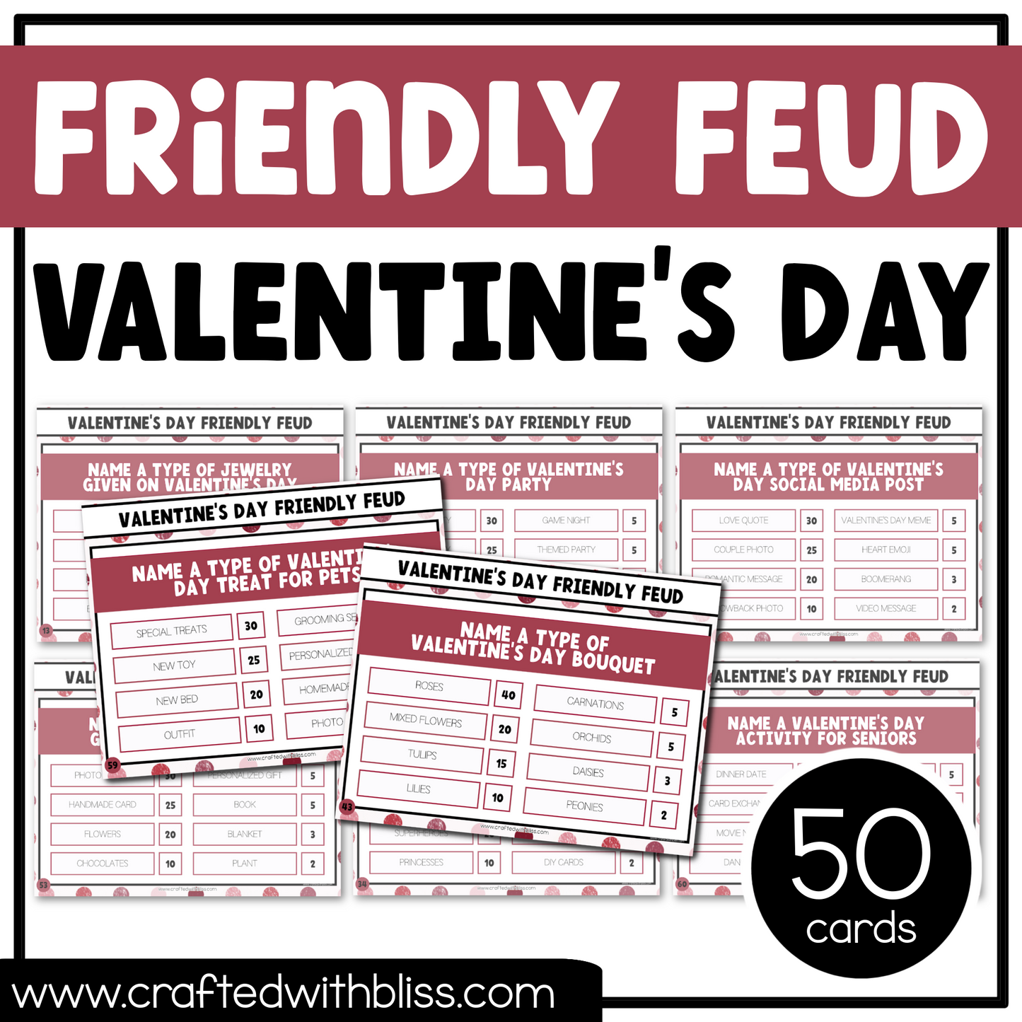 Valentine's Day Party Game Friendly Feud 50 Cards February Party Game Night Ice Breaker Group Team Building Games Coworker Trivia Night Girl