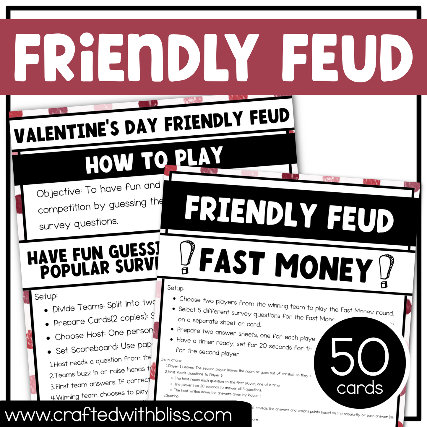Valentine's Day Party Game Friendly Feud 50 Cards February Party Game Night Ice Breaker Group Team Building Games Coworker Trivia Night Girl