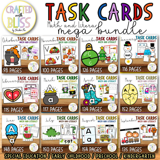 All Year Task Cards Math and Literacy Mega Bundle (Preschool, Sped, Ki ...